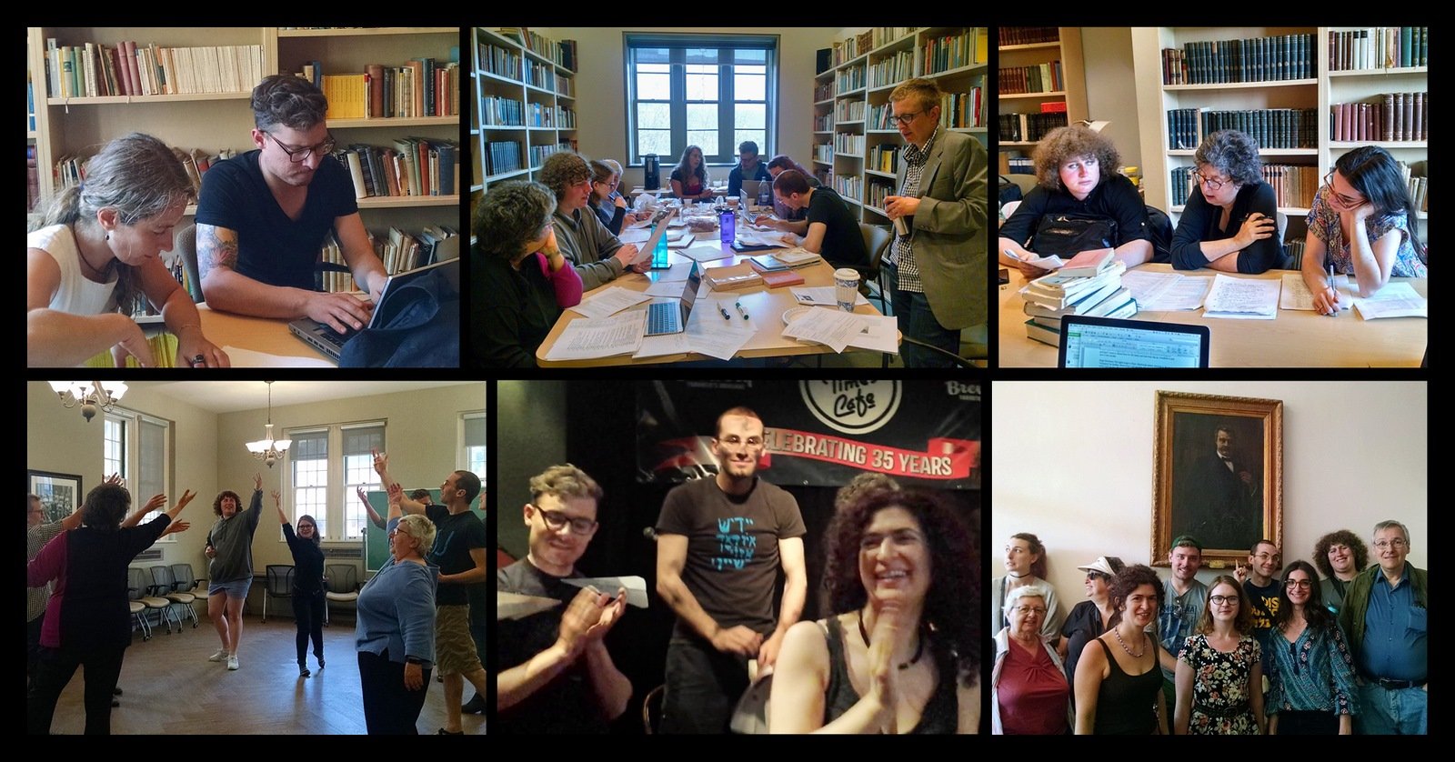 a collage of 6 photos: in one, one person is reading and the other is typing on a computer, in the next a group of people are reading writing and talking in a library, in the third, one person is reading and the other two are listening, with bookshelves behind them; in the fourth, a group of people is standing in a circle, practicing theatrical movement, in the fifth 3 actors are on stage, smiling and clapping, in the sixth, 10 people are posing for a photo, with a portrait of I.L. Peretz hanging behind them.