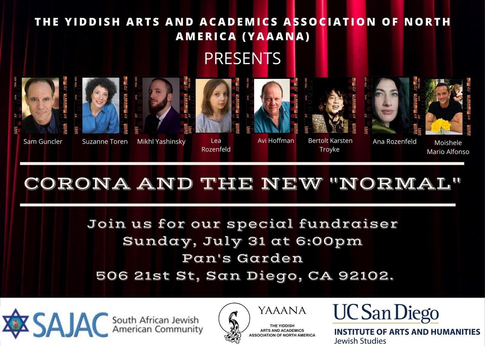 A poster advertising the play, with photos of the cast; the text reads: The Yiddish Arts and Academics Association of North America (YAAANA) presents Corona and the New "Normal"; join us for our special fundraiser, Sunday, July 31 at 6:00p.m., Pan's Garden, 506 21st St., San Diego, CA 92102